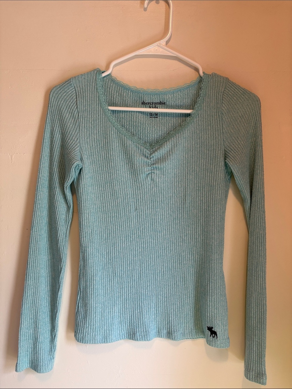 Abercrombie & Fitch Light Mint Ribbed V-Neck Long Sleeve Top